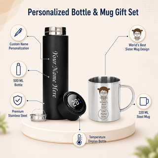 Customized Gift for Sister, Customized Bottle with Name & World’s Best Sister Steel Mug Set
