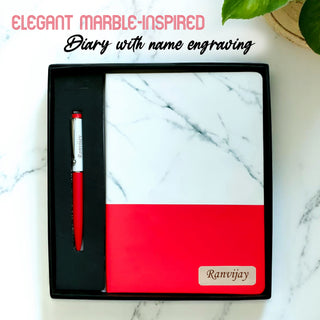 Personalized Marble Finish Diary – Engraved Name Notebook & Pen with Employee Name.