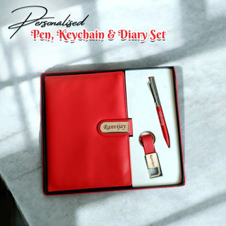 Personalized Leather Diary Gift Set – Magnetic Diary with Engraved Pen & Keychain,