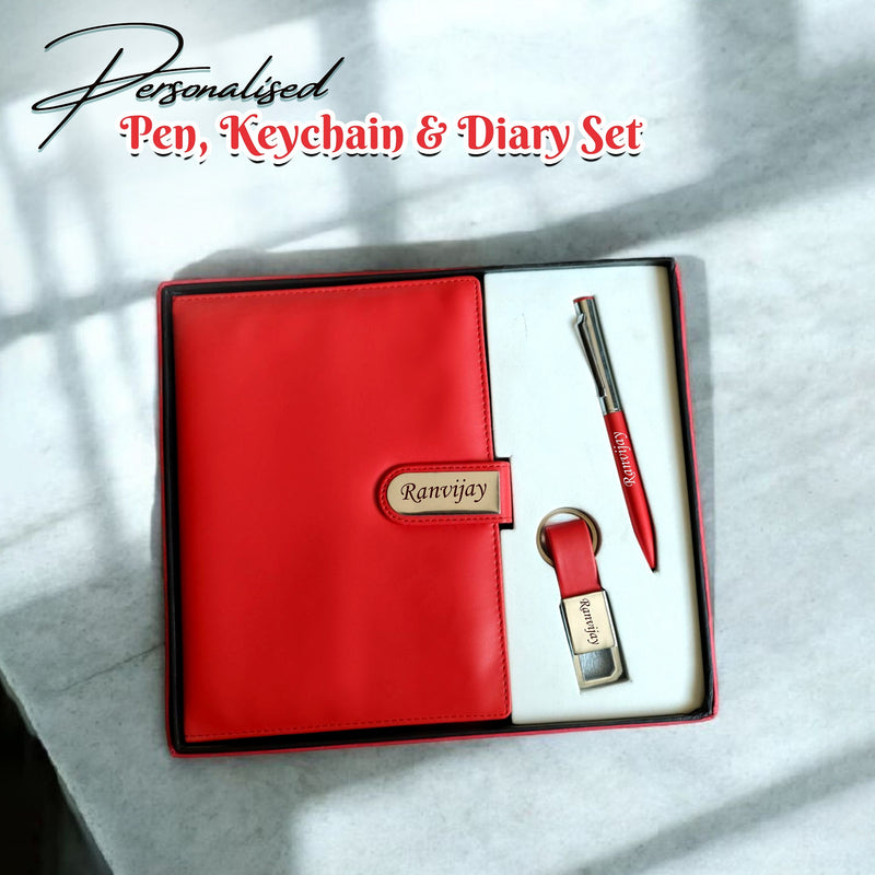 Personalized Leather Diary Gift Set – Magnetic Diary with Engraved Pen & Keychain,