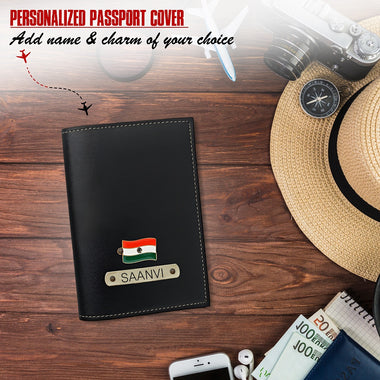 Leather Passport Cover with Name and Metal Charm.
