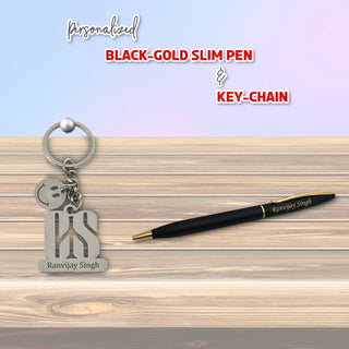 Personalized CS Set: Engraved Smiley Keychain & Black-Gold Pen.
