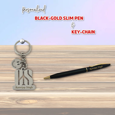 Personalized CS Set: Engraved Smiley Keychain & Black-Gold Pen.