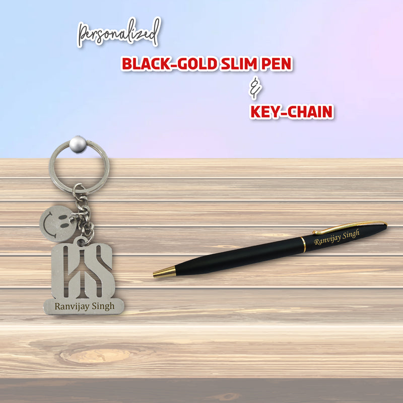 Personalized CS Set: Engraved Smiley Keychain & Black-Gold Pen.