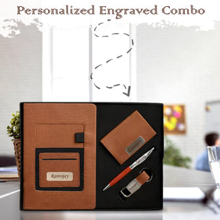 Luxury Personalized Gift Set – Leather Diary, Engraved Pen, Stylish Keychain & Cardholder with Employee Name.