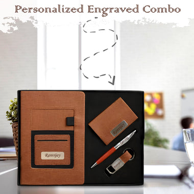 Luxury Personalized Gift Set – Leather Diary, Engraved Pen, Stylish Keychain & Cardholder with Employee Name.