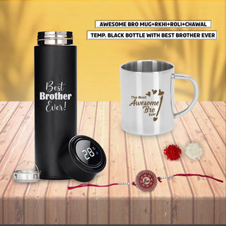 Rakshabandhan Gift Set- Awesome Bro Quote Engraved Mug & Black Bottle