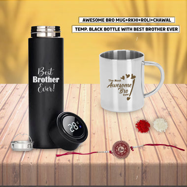 Rakshabandhan Gift Set- Awesome Bro Quote Engraved Mug & Black Bottle