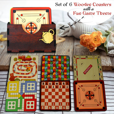 Wooden Tea Coaster Set of 6 with Stand – Game-Themed Drink Coasters.