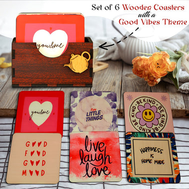 Wooden Tea Coaster Set of 6 with Stand – Drink Coasters with Different Quotes.