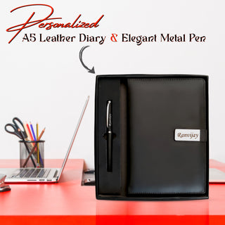 A5 Personalized Leather Diary & Engraved Pen.