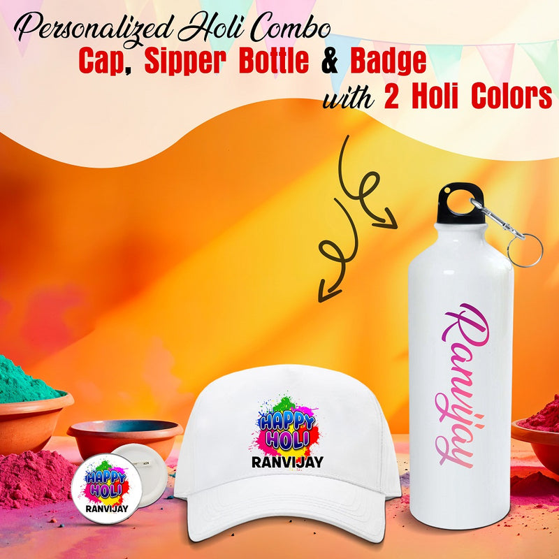 Personalized Holi Combo – Bottle, Badge & Cap with Name & 2 Holi Colors