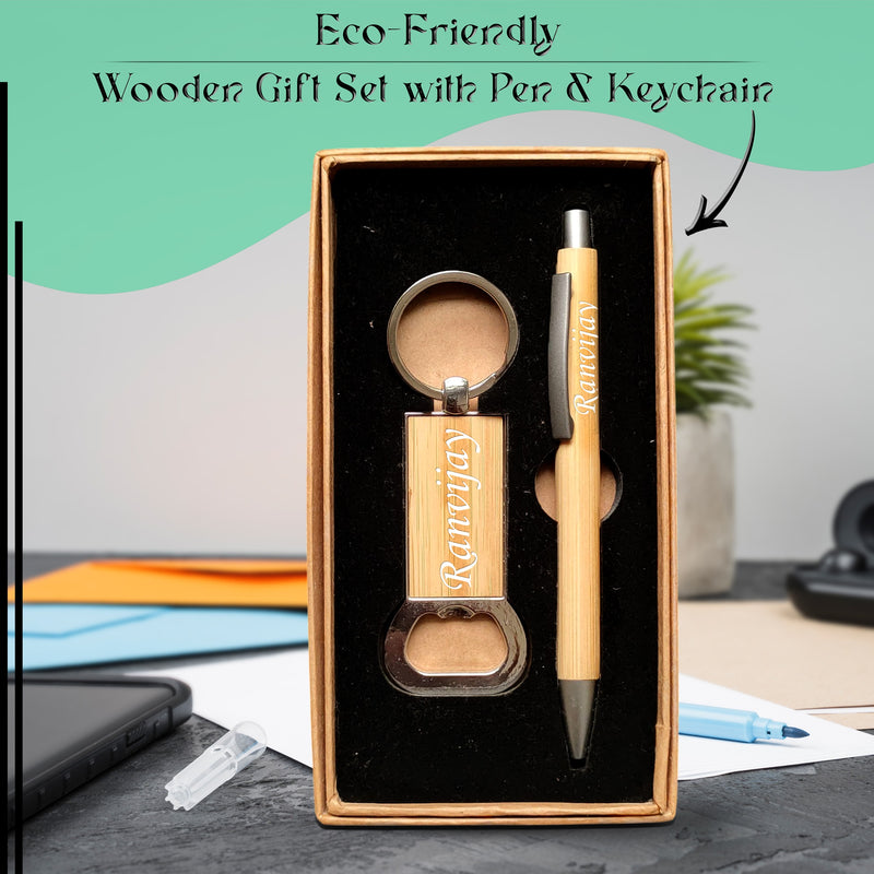 Customized Wooden Gift Set – Personalized Name Engraved Pen & Keychain with Employee Name