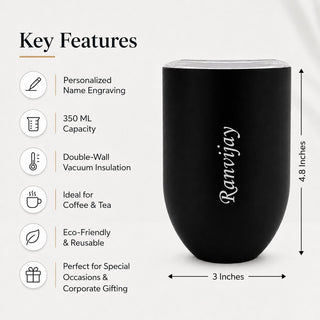 Customized Travel Mug with Name, 350 ml Stainless Steel Double Walled Vacuum Insulated Coffee Mug with Lid.
