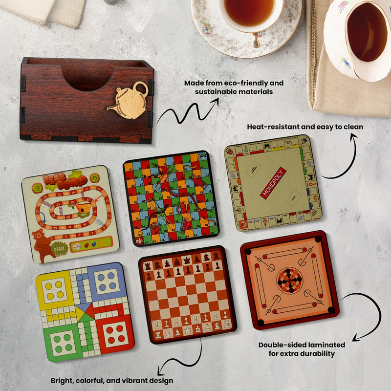 Wooden Tea Coaster Set of 6 with Stand – Game-Themed Drink Coasters.