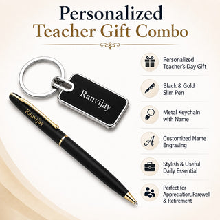 Teacher's Set: Custom Engraved Teacher Metal Keychain & Black-Gold Pen with Name Engraved.
