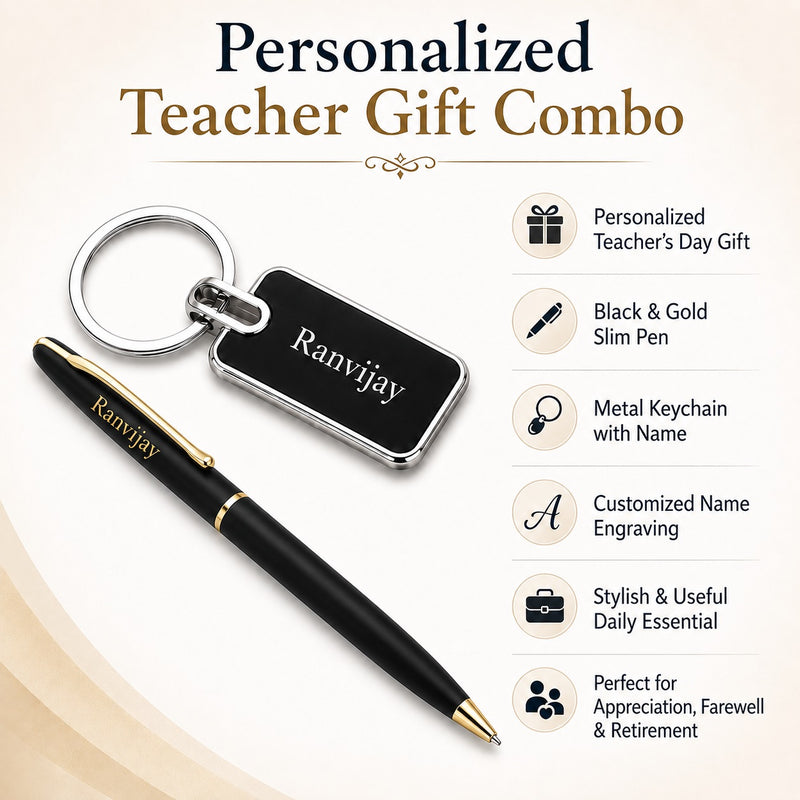 Teacher's Set: Custom Engraved Teacher Metal Keychain & Black-Gold Pen with Name Engraved.