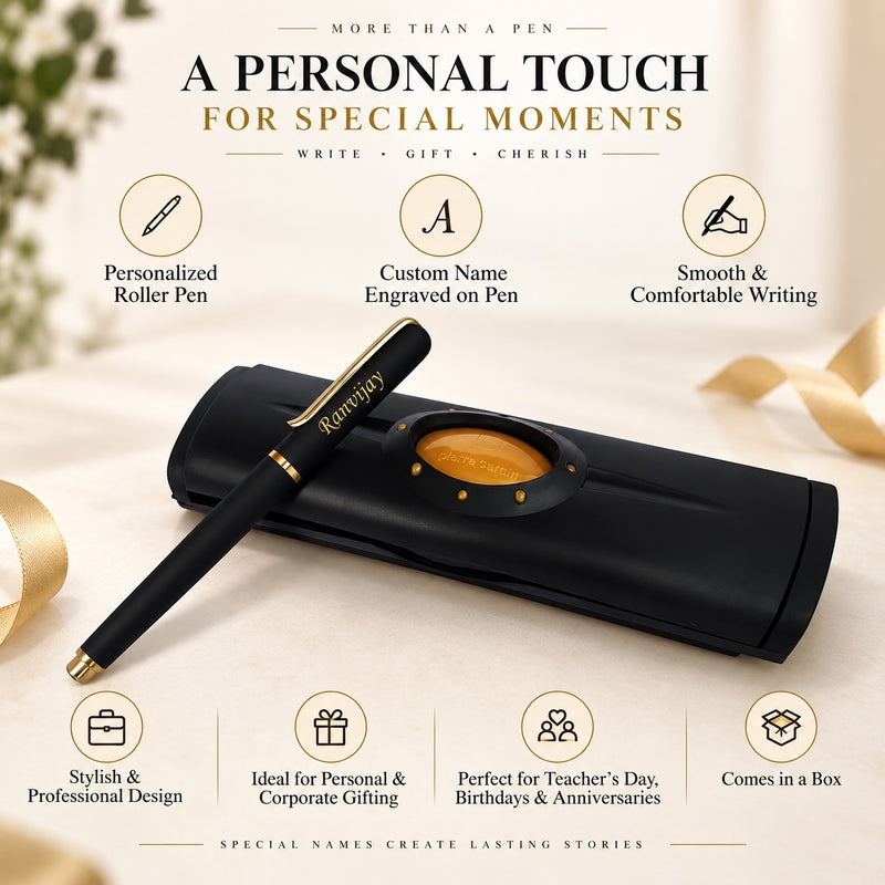 Customized Black Roller Pen with Name Engraved & Box | Personalized Pen Gift for Men & Women
