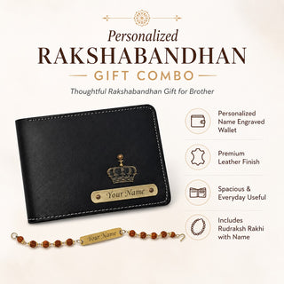 Personalized Rakhi Gift for Brother with Name | Customized Rudraksh Rakhi & Black Leather Wallet for Men
