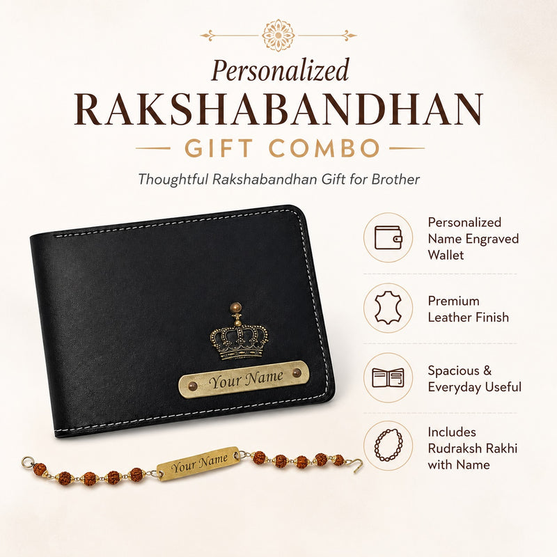 Personalized Rakhi Gift for Brother with Name | Customized Rudraksh Rakhi & Black Leather Wallet for Men