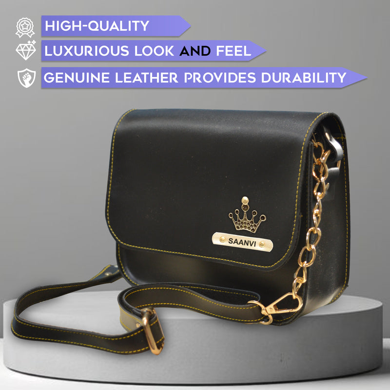 Personalized Leather Chain Sling Bag with Name & Elegant Charm for Women