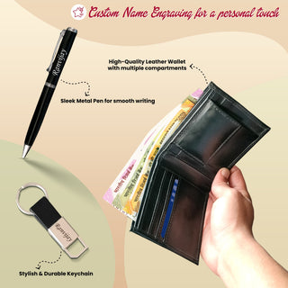 Luxury Personalized Gift Set for Men -Leather Wallet, Engraved Metal Pen & Stylish Keychain
