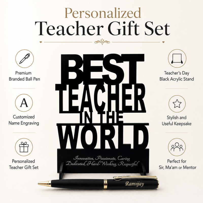 Customized Pen with Name Engraved & Best Teacher in the World Acrylic Stand.