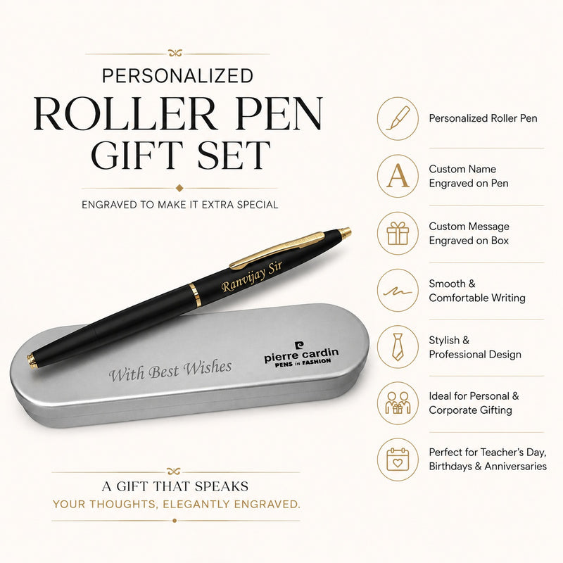 Customized Pen with Name Engraved & Message on Box | Personalized Premium Black Roller Pen Gift for Men and Women