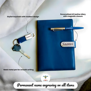 Personalized Leather Diary Gift Set – Magnetic Diary with Engraved Pen & Keychain,