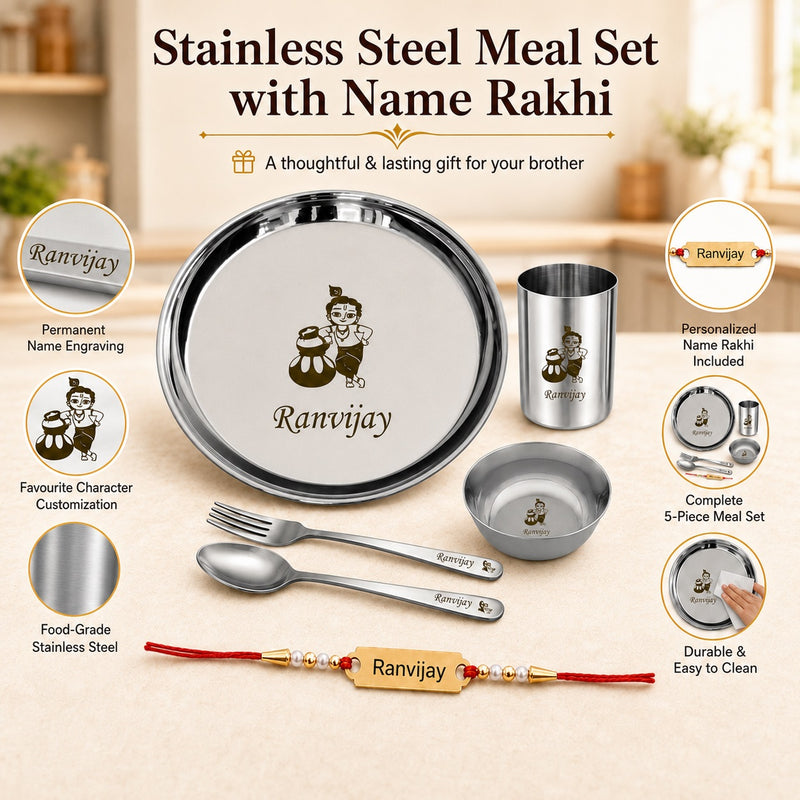 Customized Stainless Steel Kids Meal Set with Name Engraved Rakhi