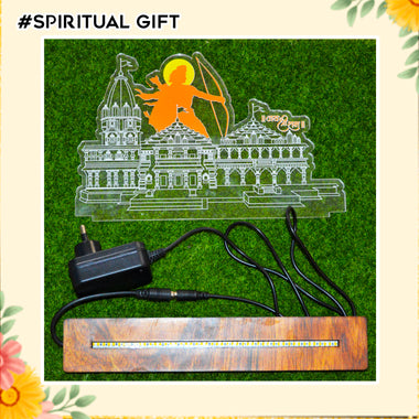 Acrylic Ram Mandir Miniature with LED Light & Wooden Base