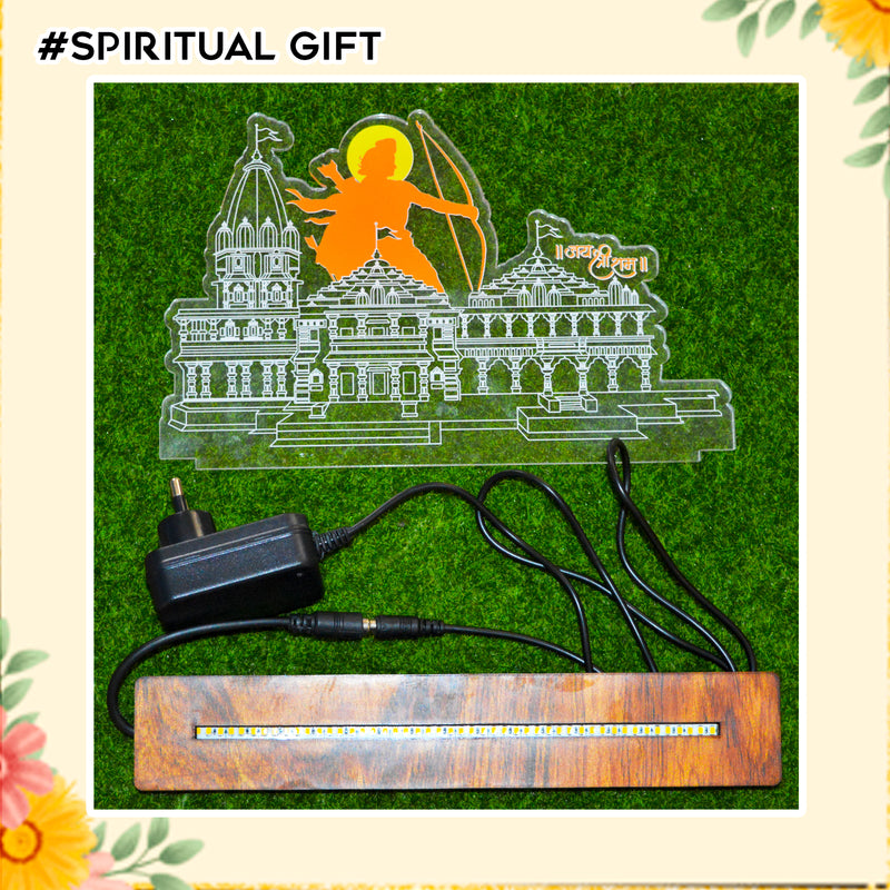 Acrylic Ram Mandir Miniature with LED Light & Wooden Base