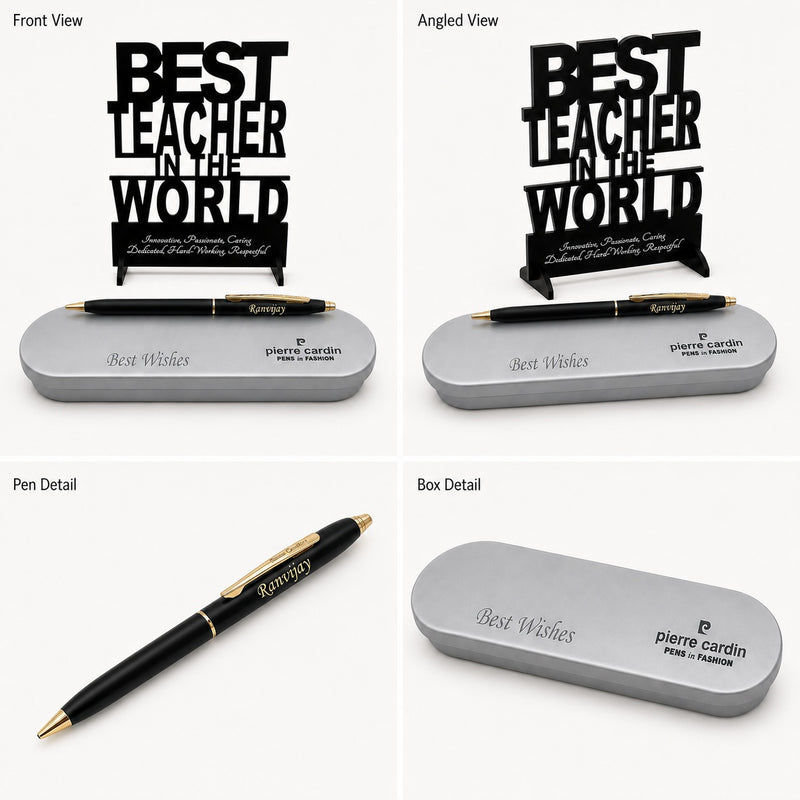 Customized Pen with Name Engraved & Best Teacher in the World Acrylic Stand | Personalized Premium Ball Pen Gift for Teacher