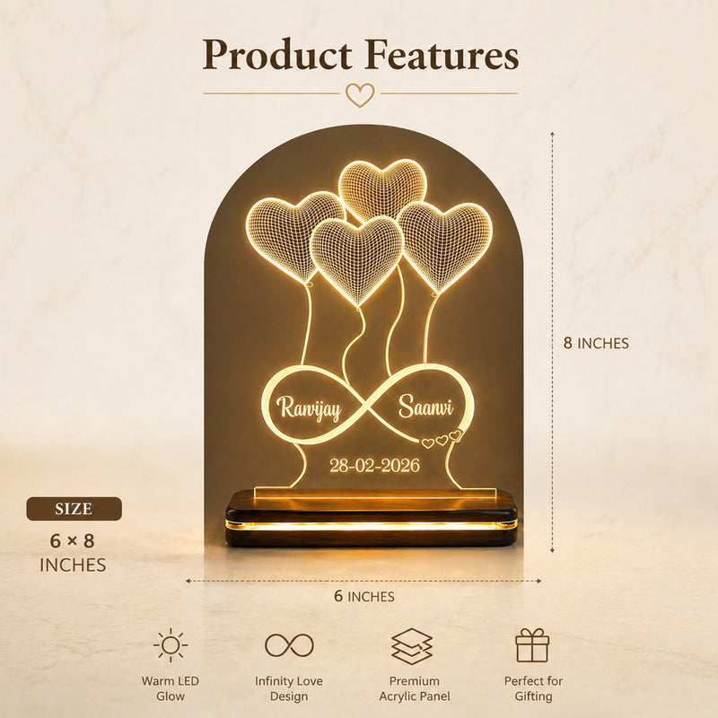 Acrylic 3D Illusion Heart LED Lamp 6x8 Inch – Customized Name Engraved