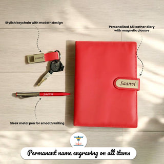 Personalized Leather Diary Gift Set – Magnetic Diary with Engraved Pen & Keychain,