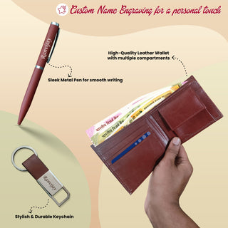 Luxury Personalized Gift Set for Men -Leather Wallet, Engraved Metal Pen & Stylish Keychain