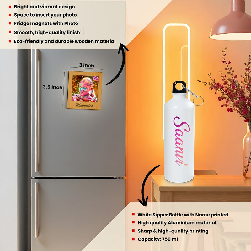 Personalized Holi Combo – Name Engraved Bottle & Custom Fridge Magnet with Picture.