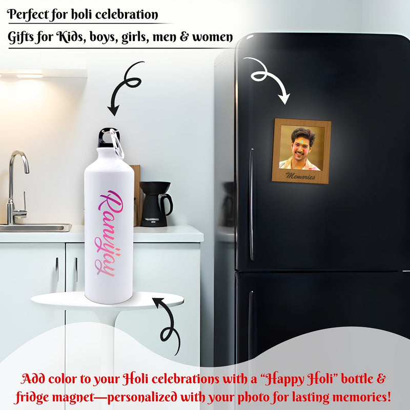 Personalized Holi Combo – Name Engraved Bottle & Custom Fridge Magnet with Picture.