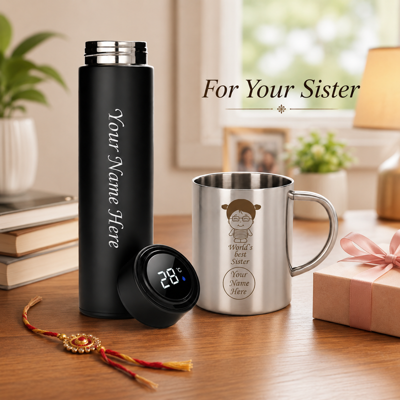 Customized Gift for Sister, Customized Bottle with Name & World’s Best Sister Steel Mug Set