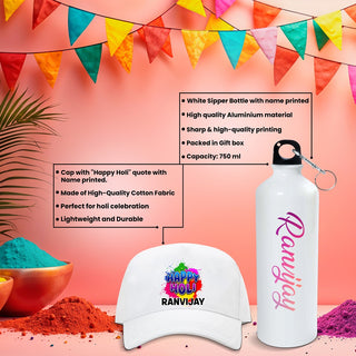 Personalized Holi Combo – Bottle, Badge & Cap with Name & 2 Holi Colors