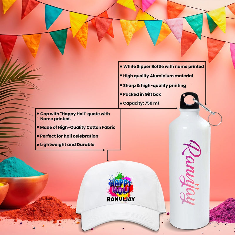 Personalized Holi Combo – Bottle, Badge & Cap with Name & 2 Holi Colors