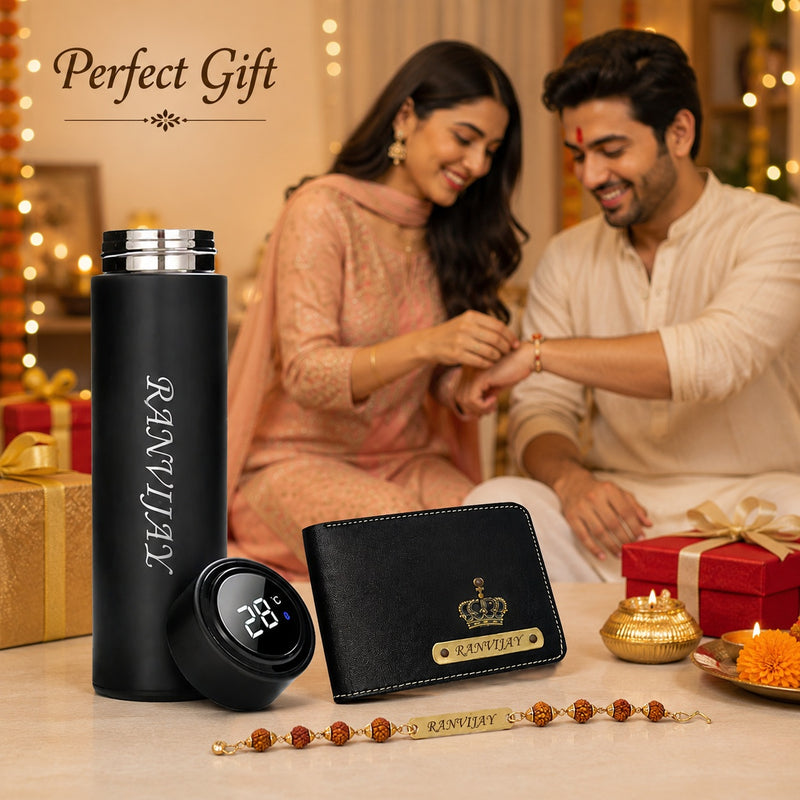 Customized Rakhi Gift for Brother – Name Engraved Bottle, Wallet & Rudraksh Rakhi for brother.