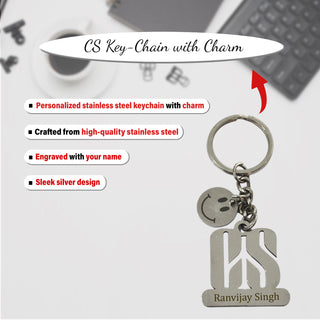 Personalized CS Set: Engraved Smiley Keychain & Black-Gold Pen.