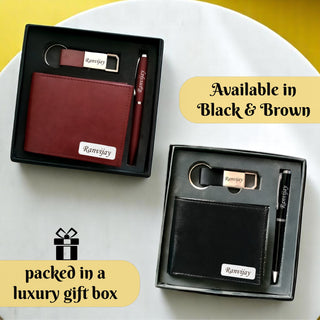 Luxury Personalized Gift Set for Men -Leather Wallet, Engraved Metal Pen & Stylish Keychain