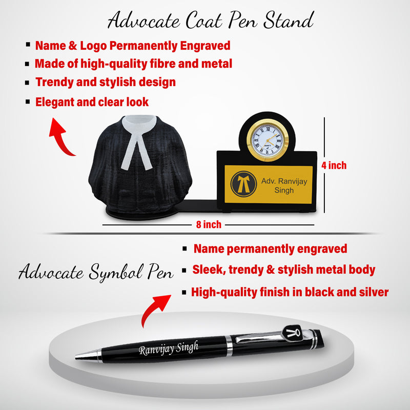 Personalized Advocate Desk Set – Engraved Pen, Pen Stand with Watch & Advocate Theme Mug