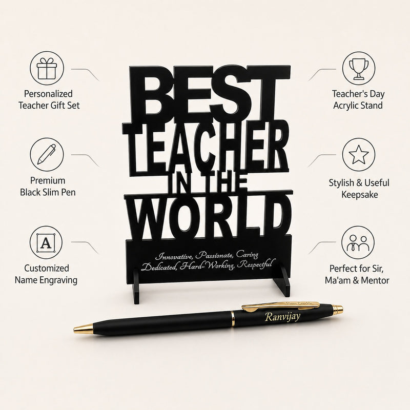 Customized Pen with Name Engraved & Best Teacher in the World Acrylic Stand | Personalized Premium Ball Pen Gift for Teacher