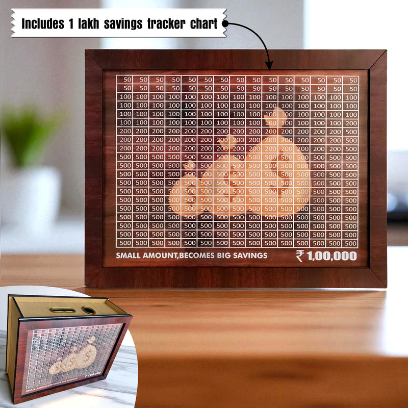 Personalized Wooden Piggy Bank with ₹1 Lakh Savings Tracker – Custom Money Saving Box