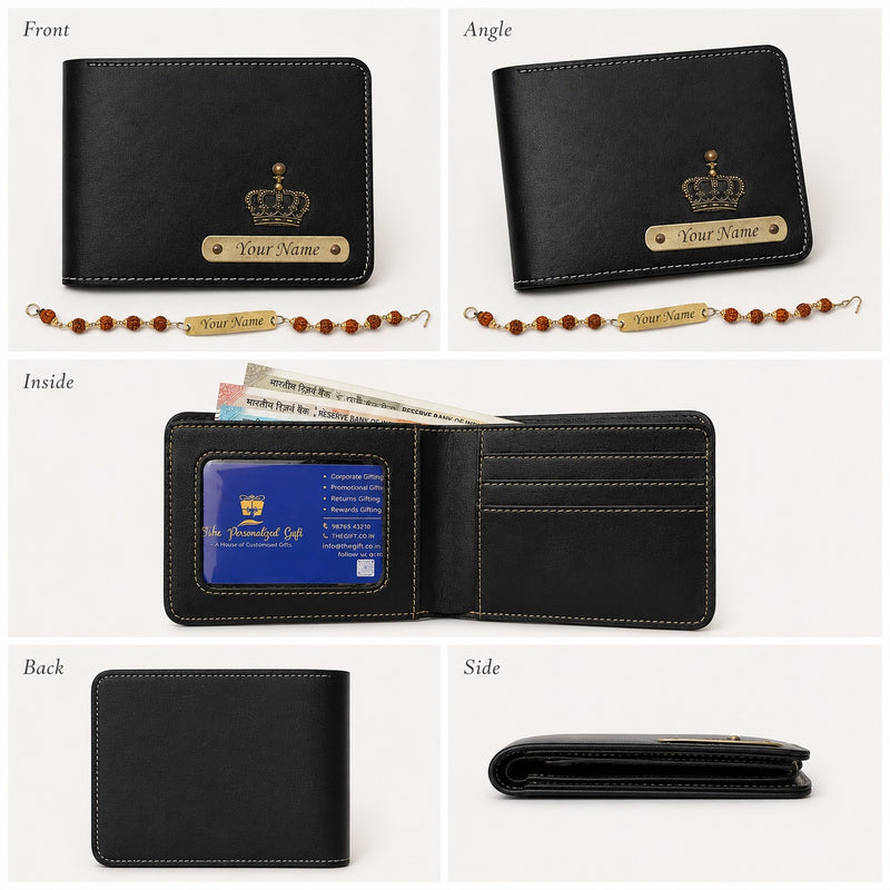 Personalized Rakhi Gift for Brother with Name | Customized Rudraksh Rakhi & Black Leather Wallet for Men