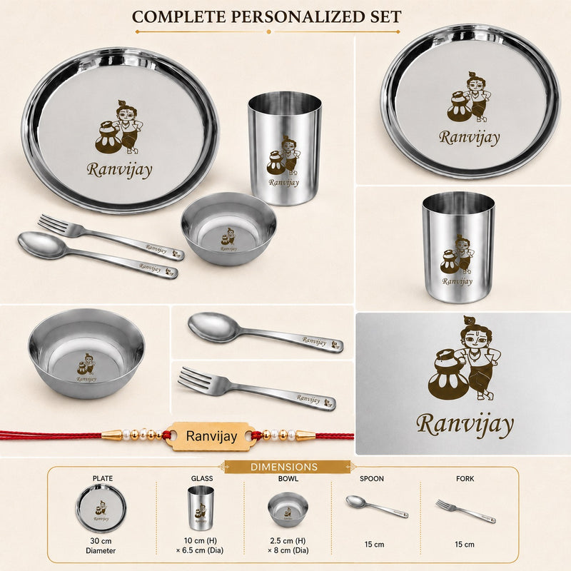 Customized Stainless Steel Kids Meal Set with Name Engraved Rakhi