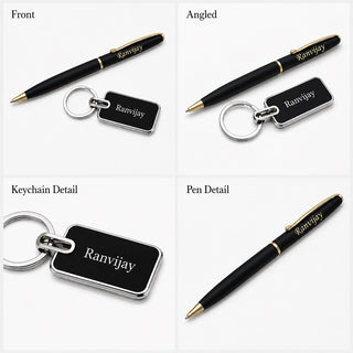 Teacher's Set: Custom Engraved Teacher Metal Keychain & Black-Gold Pen with Name Engraved.